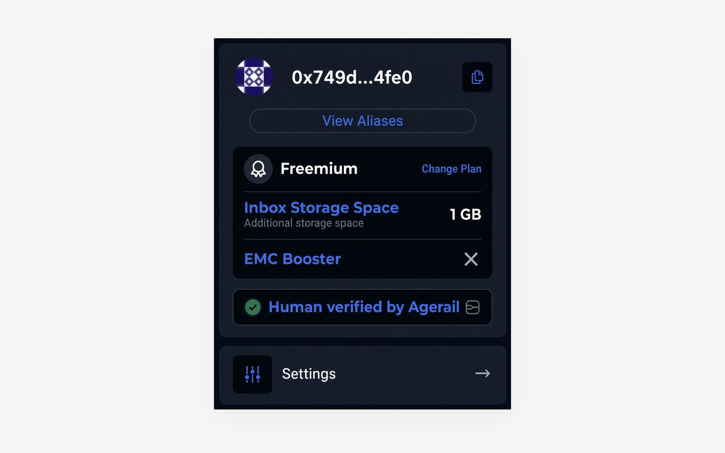 EtherMail account screen with the badge Human verified by Agerail.